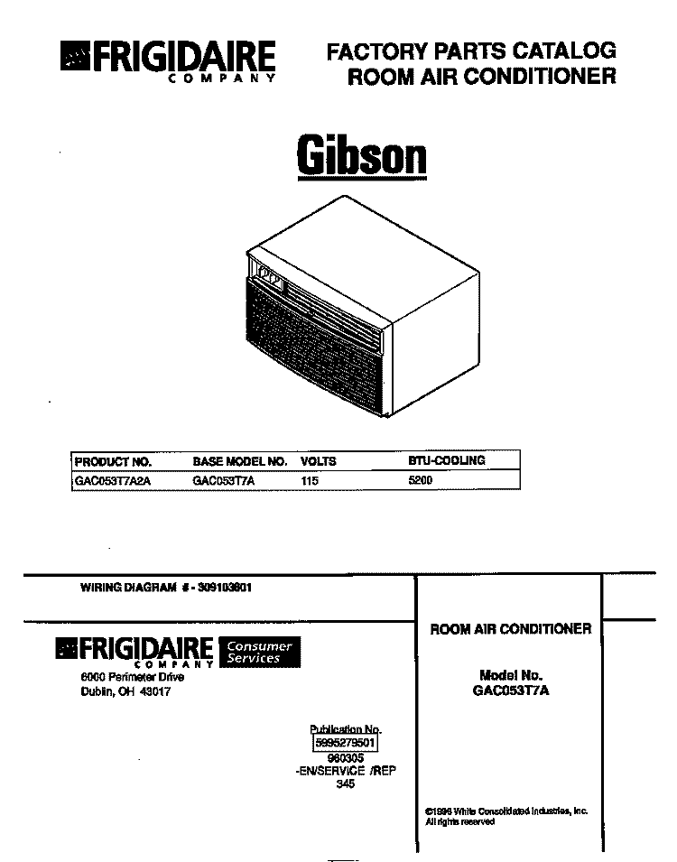 COVER Diagram and Parts List for GAC053T7A2A  Gibson Air Conditioner