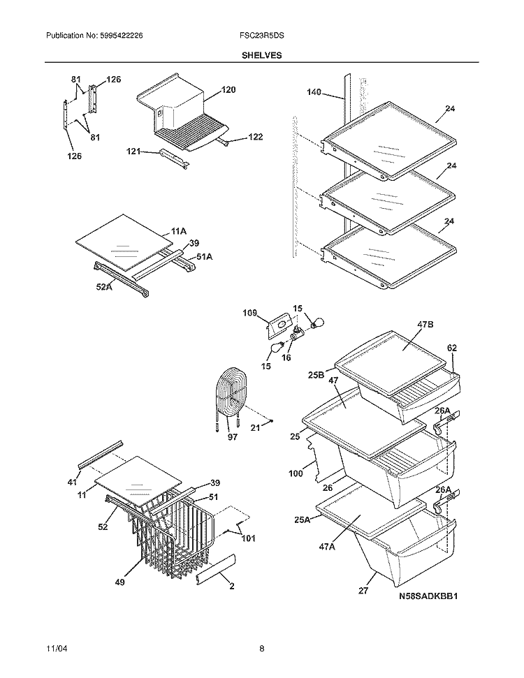 SHELVES Diagram and Parts List for FSC23R5DSB1  Frigidaire Refrigerator