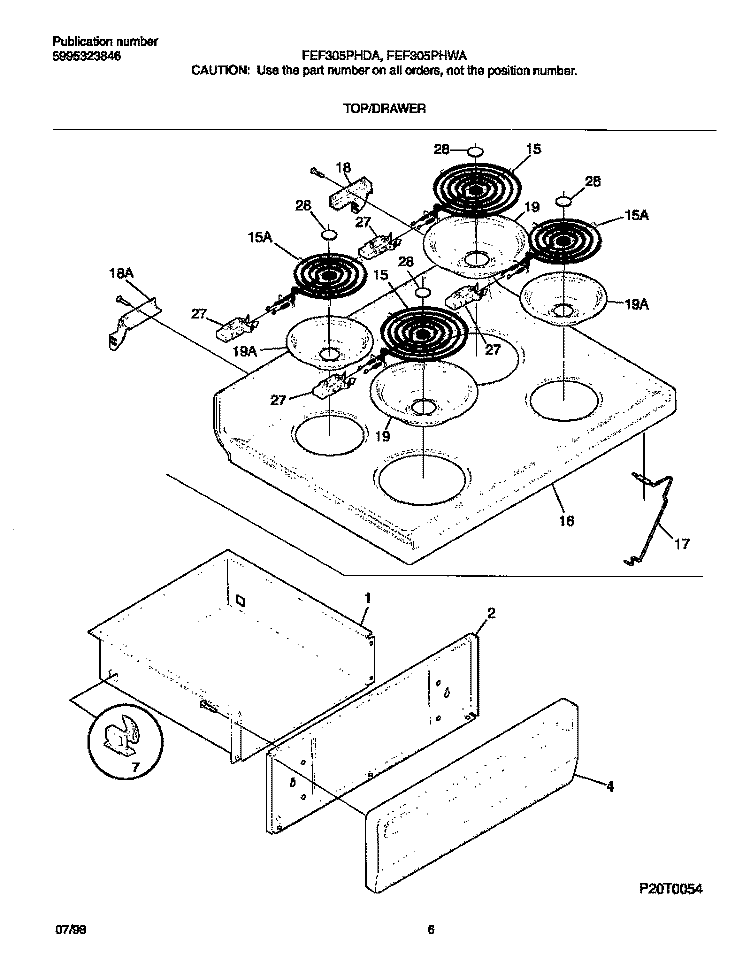 TOP / DRAWER Diagram and Parts List for FEF305PHDA  Frigidaire Range