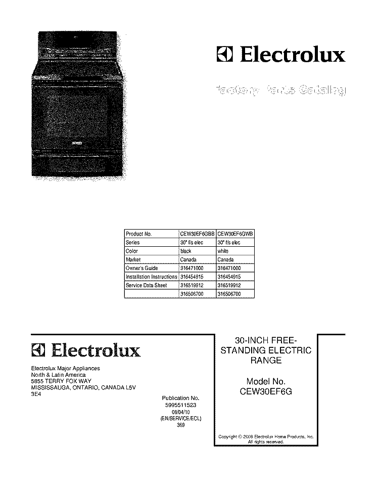 COVER Diagram and Parts List for CEW30EF6GWB  Electrolux Range