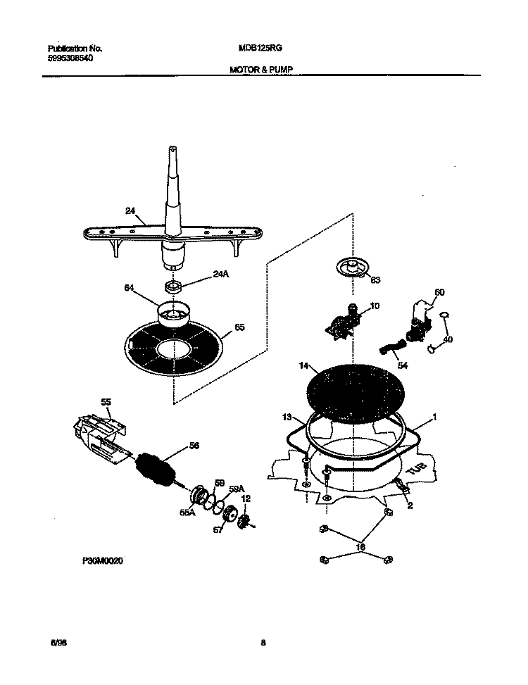 MOTOR AND PUMP Diagram and Parts List for MDB125RGR0  Frigidaire Dishwasher
