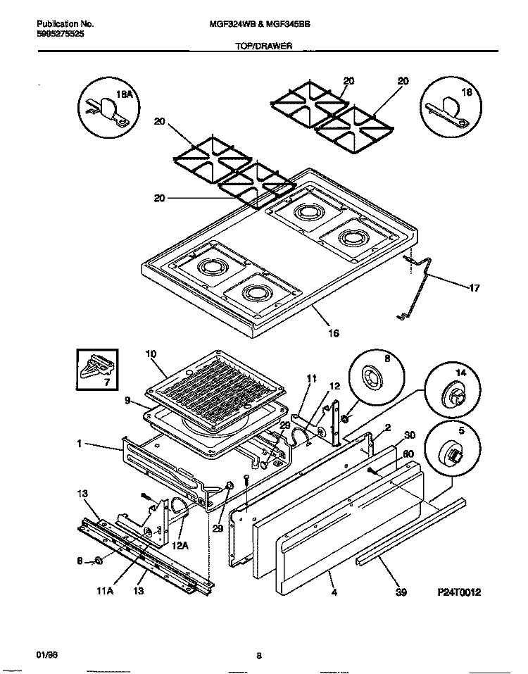 TOP / DRAWER Diagram and Parts List for MGF324WBSD  Frigidaire Range