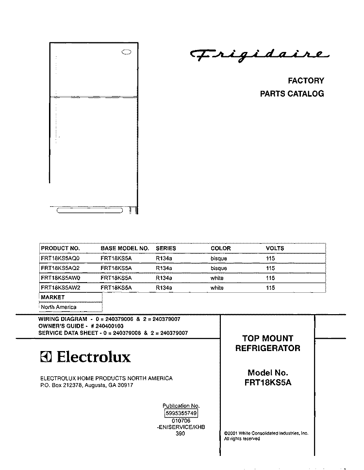 COVER Diagram and Parts List for FRT18KS5AQ0  Frigidaire Refrigerator