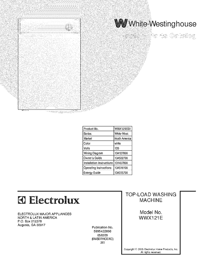 COVER Diagram and Parts List for WWX121ES0  Westinghouse Washer