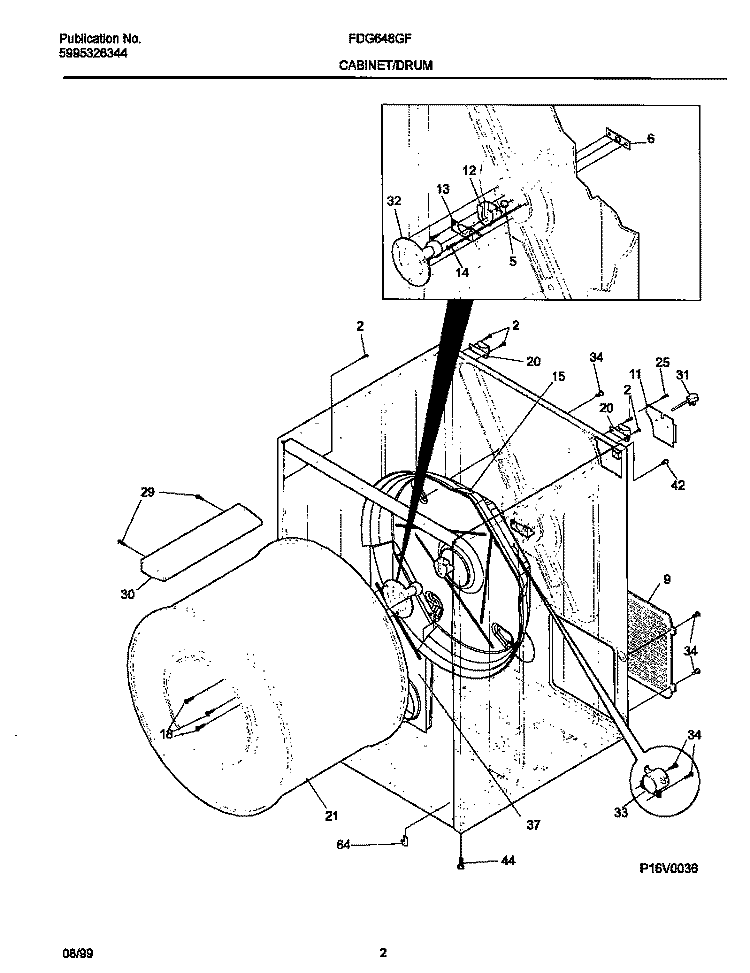 P16V0036 DRY CAB, HEATER Diagram and Parts List for FDG648GFT1  Frigidaire Dryer