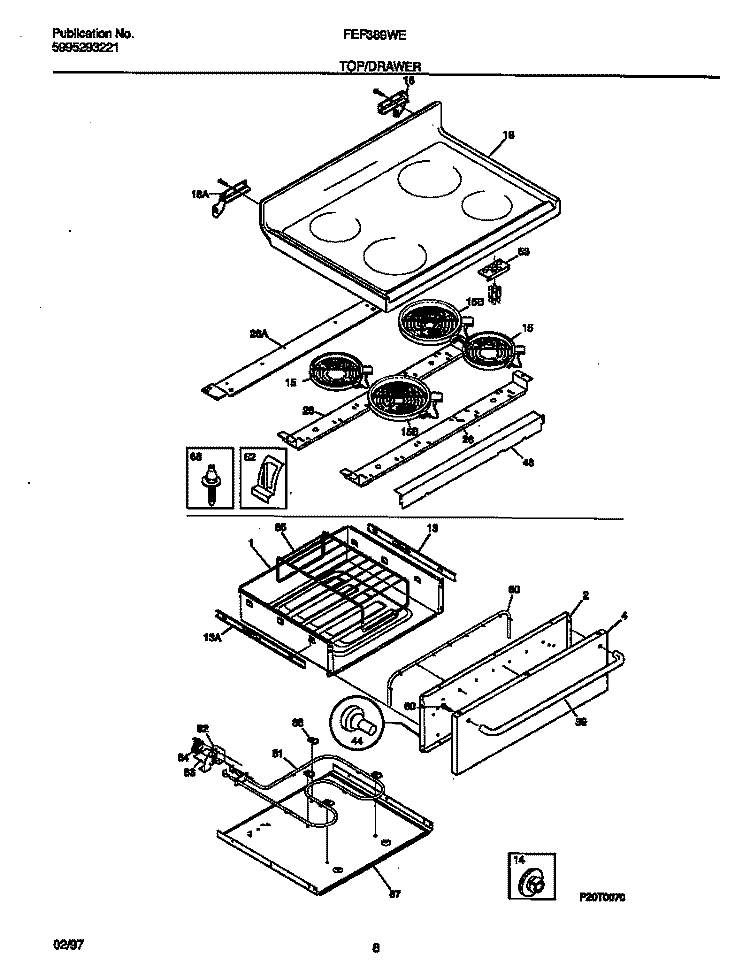 TOP / DRAWER Diagram and Parts List for FEF389WESD  Frigidaire Range