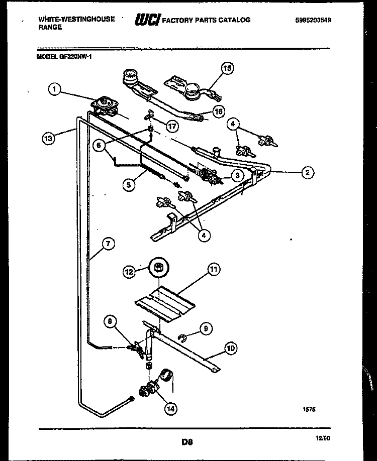 BURNER, MANIFOLD AND GAS CONTROL Diagram and Parts List for GF320NW1  Frigidaire Range