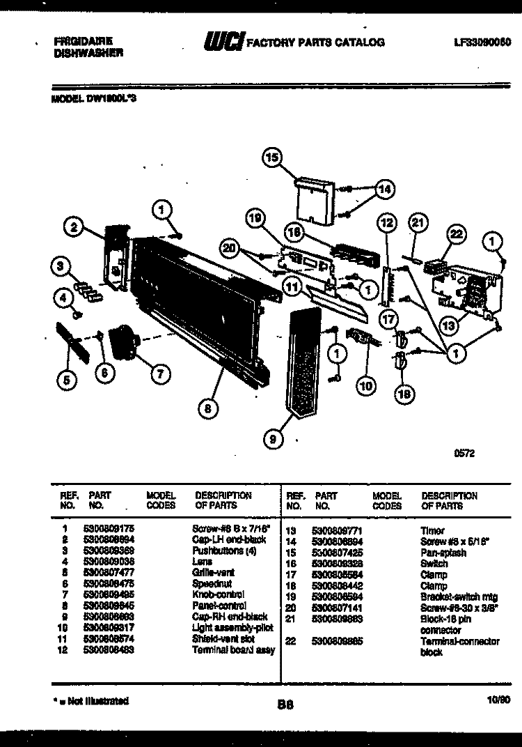 CONSOLE AND CONTROL PARTS Diagram and Parts List for DW1800H3  Frigidaire Dishwasher