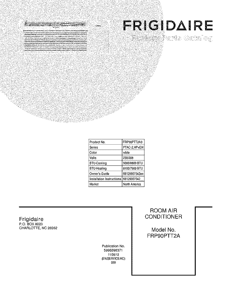 COVER Diagram and Parts List for FRP90PTT2A0  Frigidaire Air Conditioner