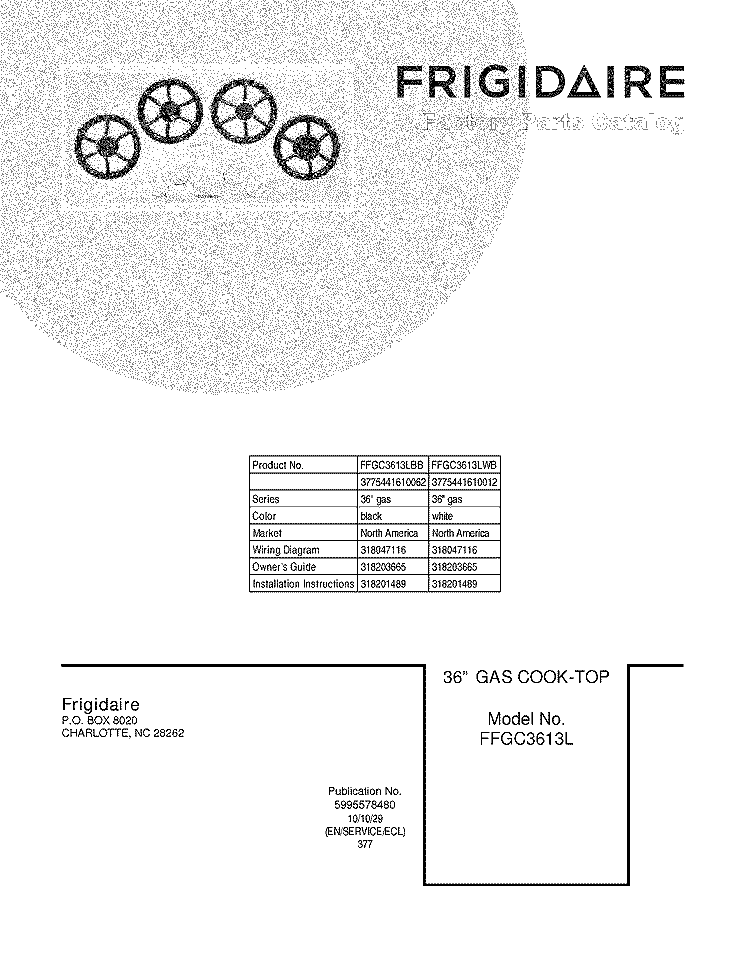 COVER Diagram and Parts List for FFGC3613LBB  Frigidaire Cooktop