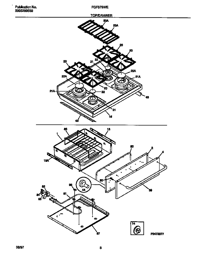 TOP / DRAWER Diagram and Parts List for FGF379WESG  Frigidaire Range