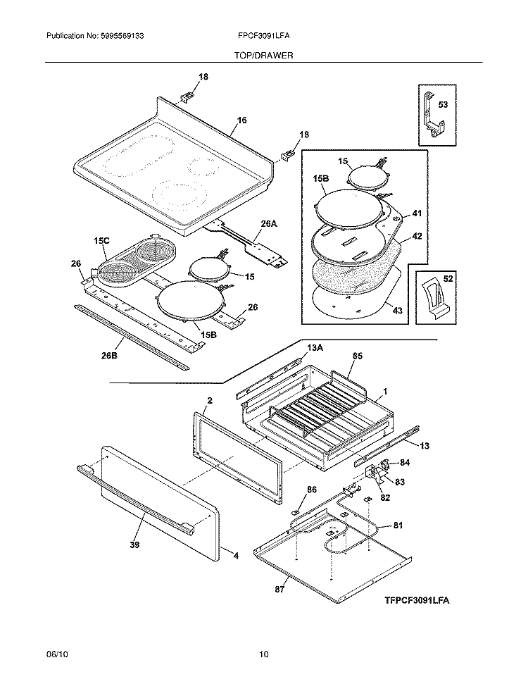 TOP/DRAWER Diagram and Parts List for FPCF3091LFA  Frigidaire Range