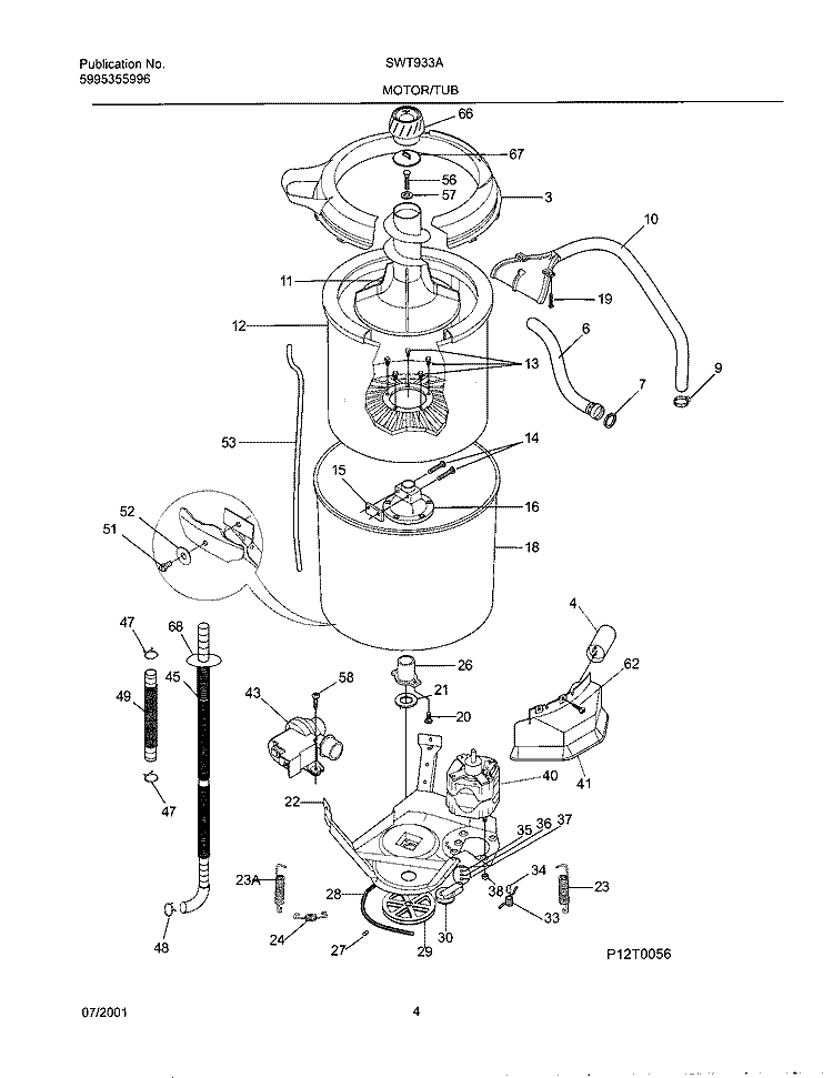 WSHR MTR, HOSE Diagram and Parts List for SWT933AS0  Westinghouse Washer