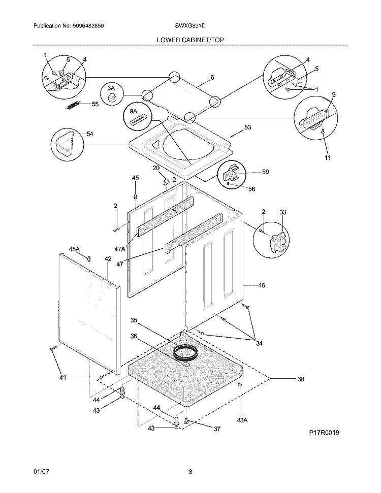 LOWER CABINET / TOP Diagram and Parts List for SWXG831DS1  Westinghouse Washer Dryer Combo