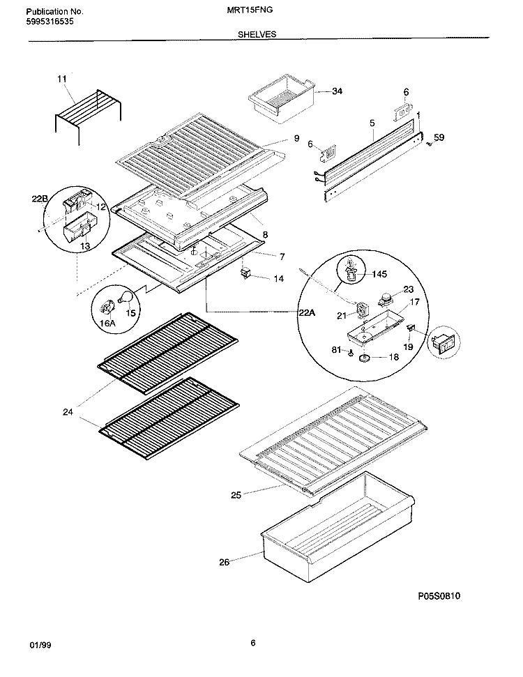 SHELVES Diagram and Parts List for MRT15FNGD5  Frigidaire Refrigerator
