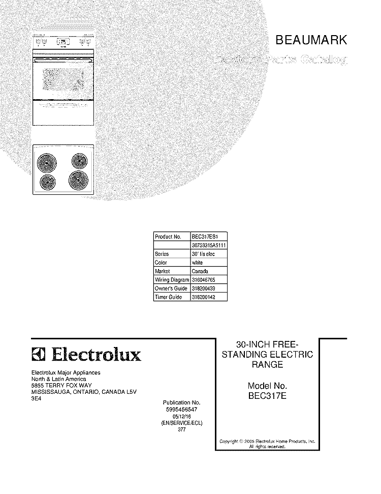 COVER Diagram and Parts List for BEC317ES1  Crosley Range
