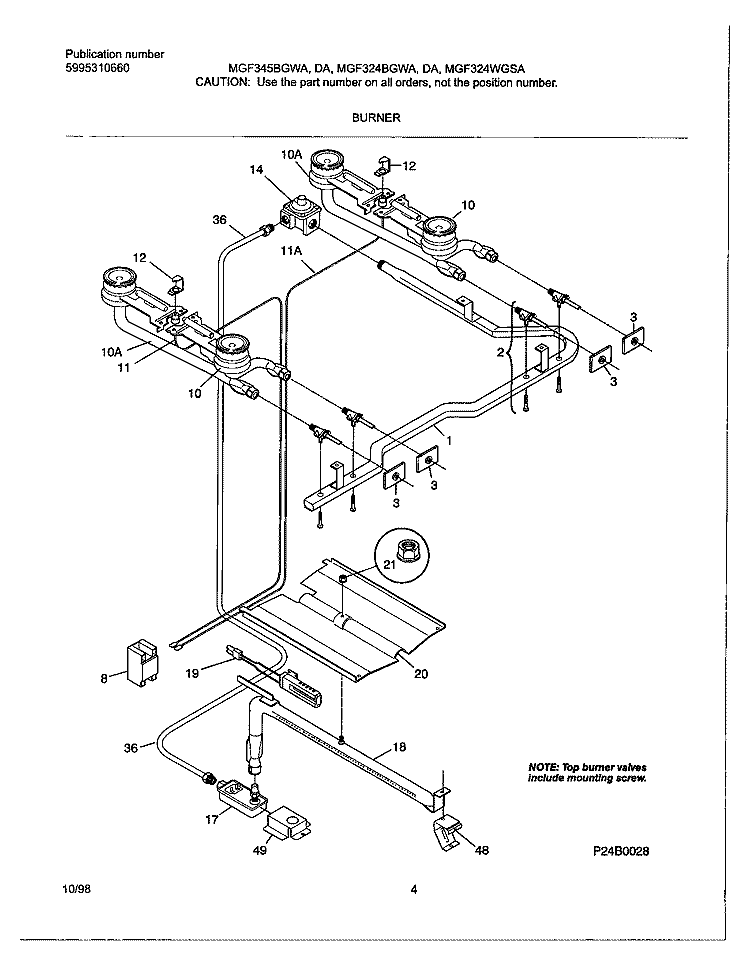 BURNER Diagram and Parts List for MGF324WGSA  Frigidaire Range