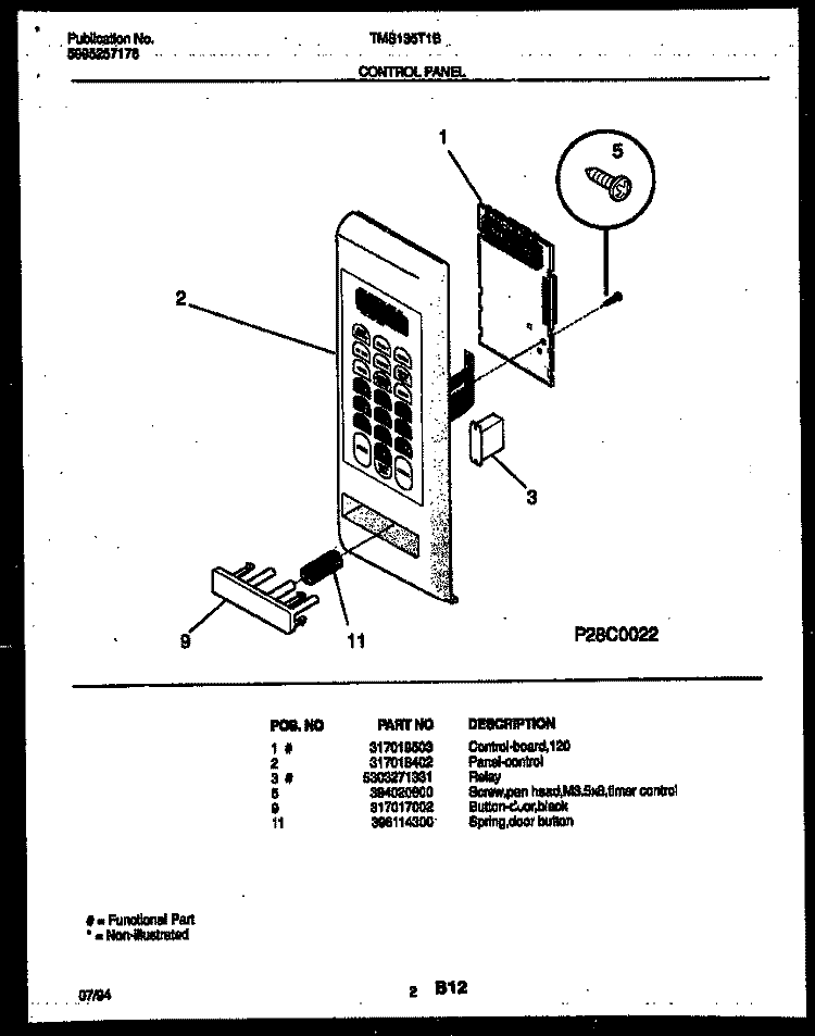 CONTROL PANEL Diagram and Parts List for TMS135T1B  Tappan Microwave