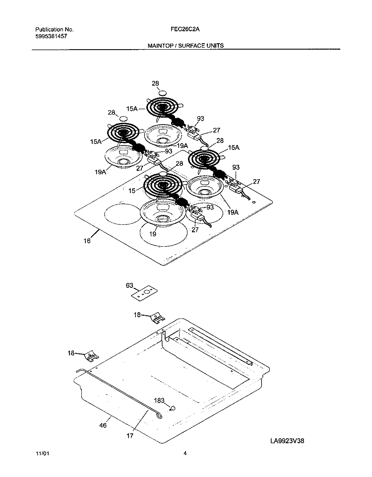 MAINTOP / SURFACE UNITS Diagram and Parts List for FEC26C2ASA  Frigidaire Cooktop