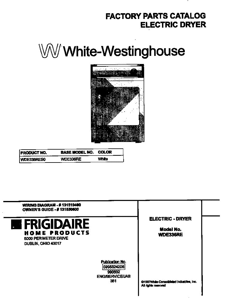 COVER Diagram and Parts List for WDE336RES0  Frigidaire Dryer
