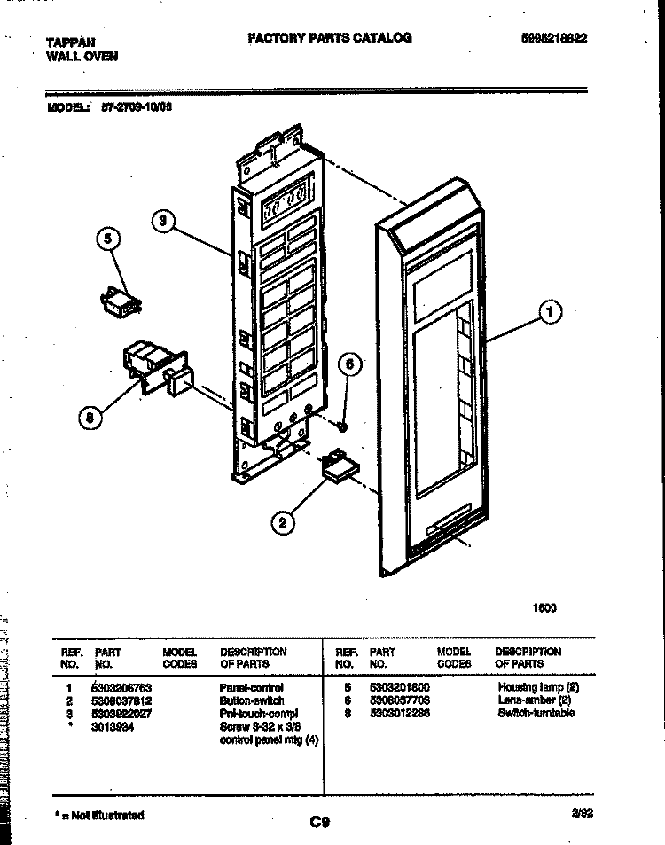 CONTROL PANEL Diagram and Parts List for 57-2709-00-06  Tappan Microwave Oven Combo