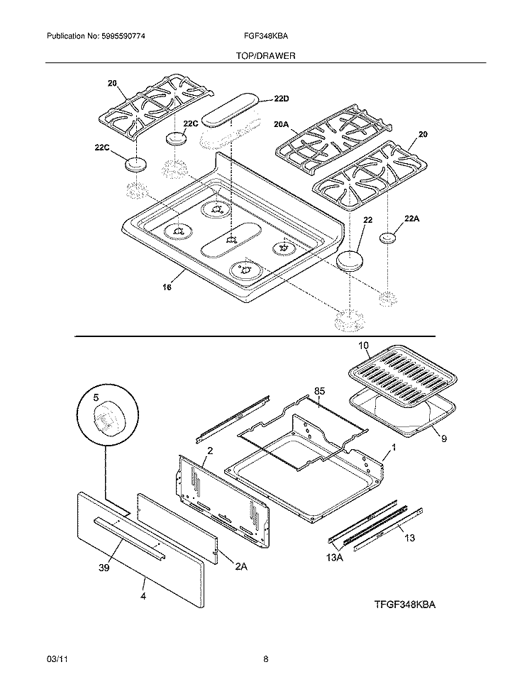TOP/DRAWER Diagram and Parts List for FGF348KBA  Frigidaire Range