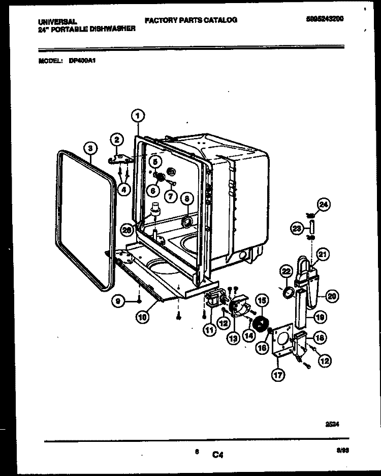 TUB AND FRAME PARTS Diagram and Parts List for DP400A1  Frigidaire Dishwasher