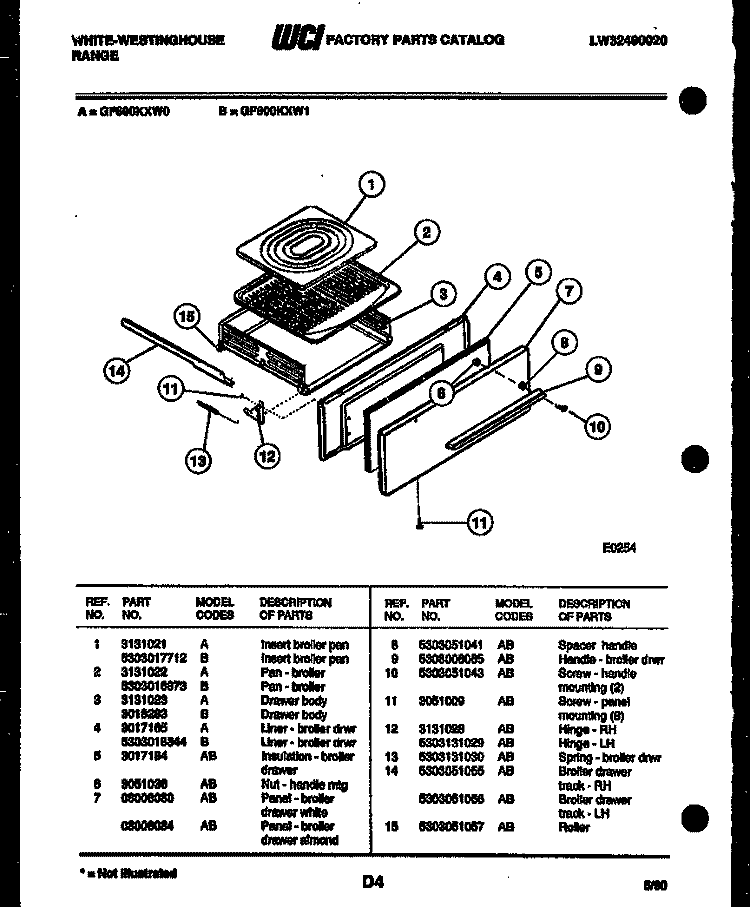 BROILER DRAWER PARTS Diagram and Parts List for GF600KXD0  Frigidaire Range