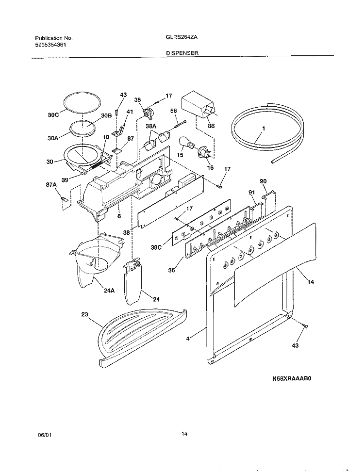 ICE & WATER DISPENSER Diagram and Parts List for GLRS264ZAW1  Frigidaire Refrigerator