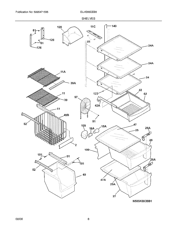 SHELVES Diagram and Parts List for GLHS66EEB8  Frigidaire Refrigerator