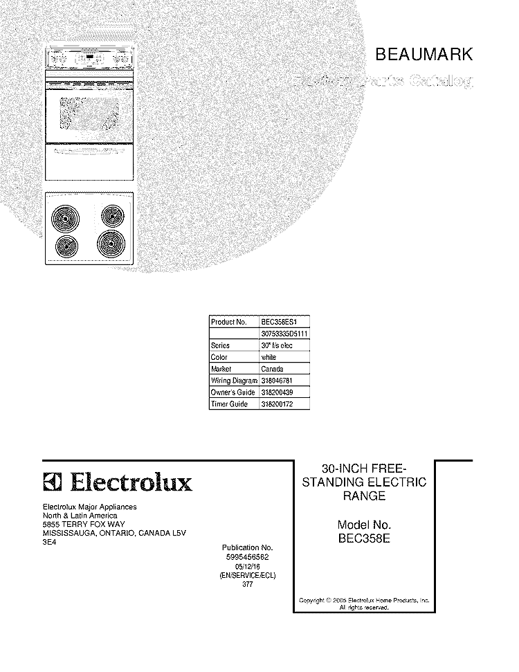 COVER Diagram and Parts List for BEC358ES1  Crosley Range