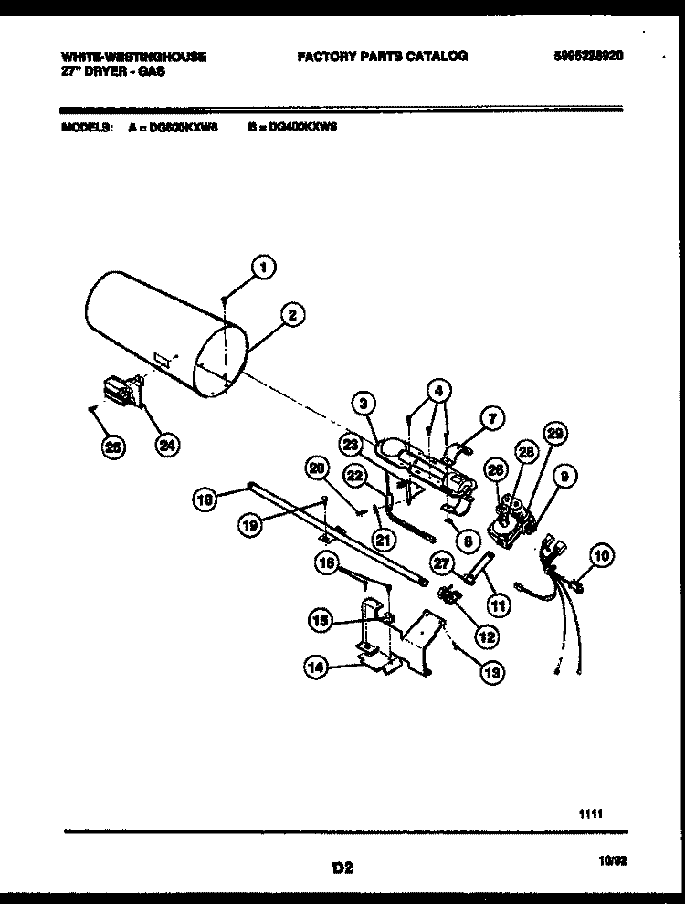 BURNER, IGNITER AND VALVE Diagram and Parts List for DG400KXW6  Frigidaire Dryer