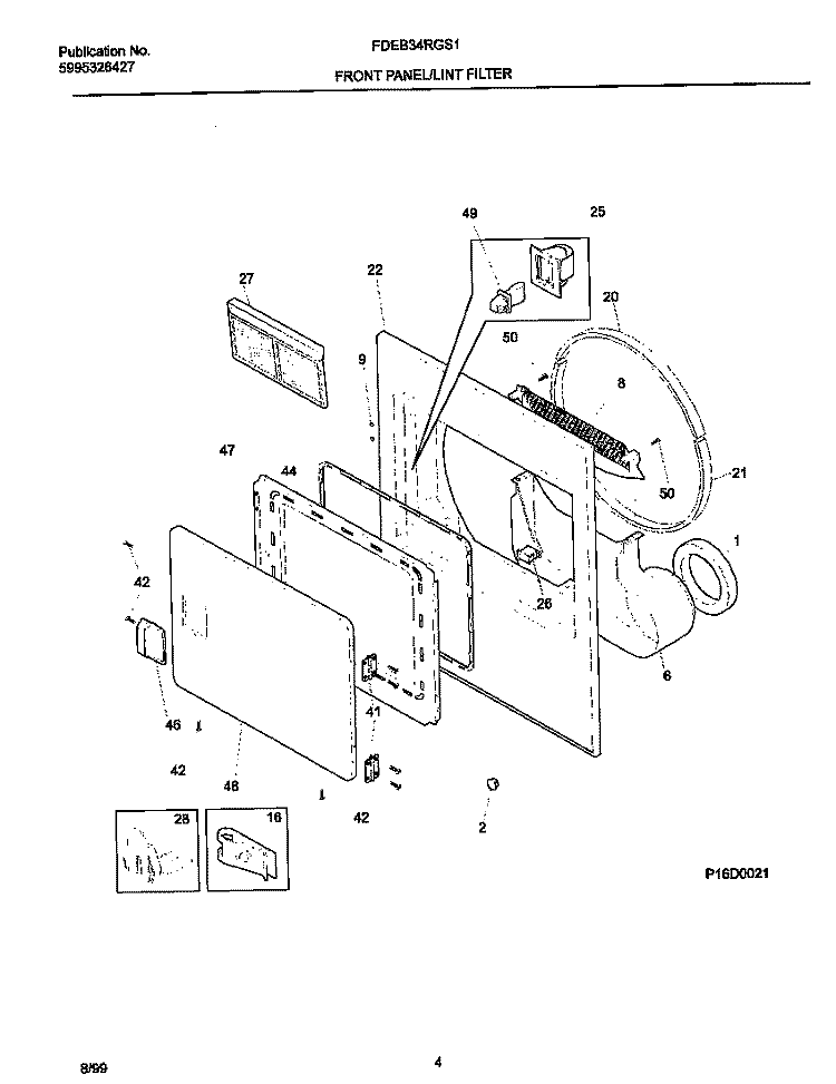 P16D0021 FRNT PNL, DOOR Diagram and Parts List for FDEB34RGS1  Frigidaire Dryer
