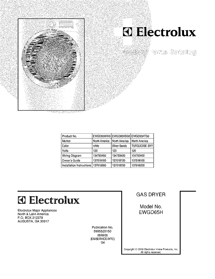 COVER Diagram and Parts List for EWGD65HSS0  Electrolux Dryer