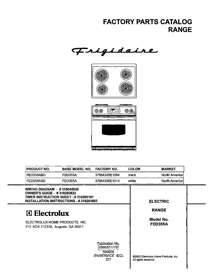 COVER Diagram and Parts List for FED355ASD  Frigidaire Range
