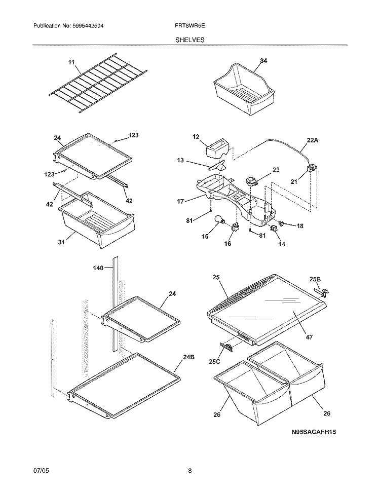 SHELVES Diagram and Parts List for FRT8WR6EL6  Frigidaire Refrigerator
