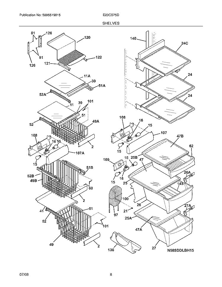 SHELVES Diagram and Parts List for E23CS75DSSH  Electrolux Refrigerator