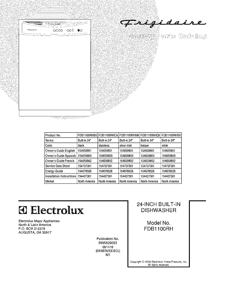 COVER Diagram and Parts List for FDB1100RHQ0  Frigidaire Dishwasher