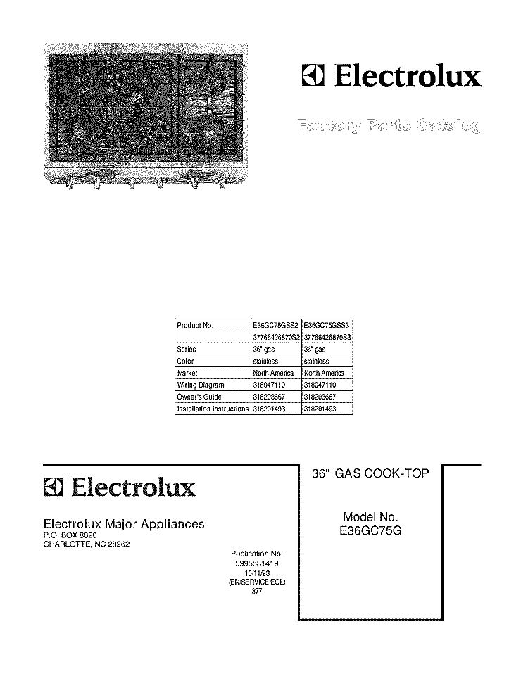 COVER Diagram and Parts List for E36GC75GSS3  Electrolux Cooktop