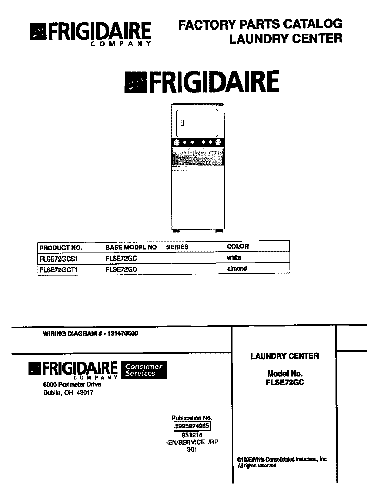 COVER Diagram and Parts List for FLSE72GCT1  Frigidaire Washer Dryer Combo
