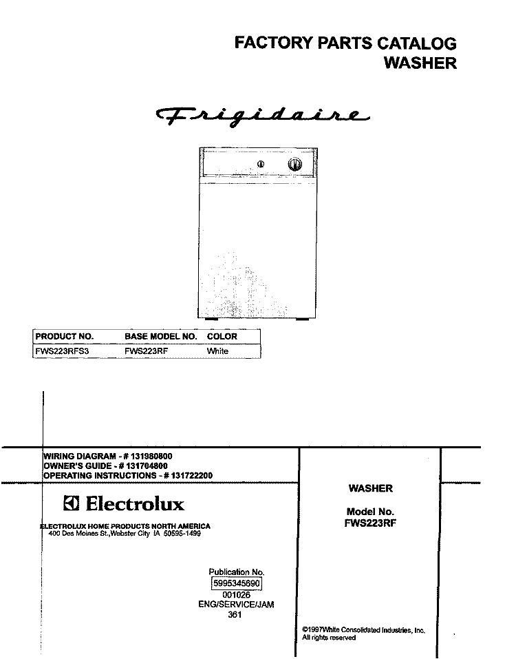 COVER Diagram and Parts List for FWS223RFS3  Frigidaire Washer
