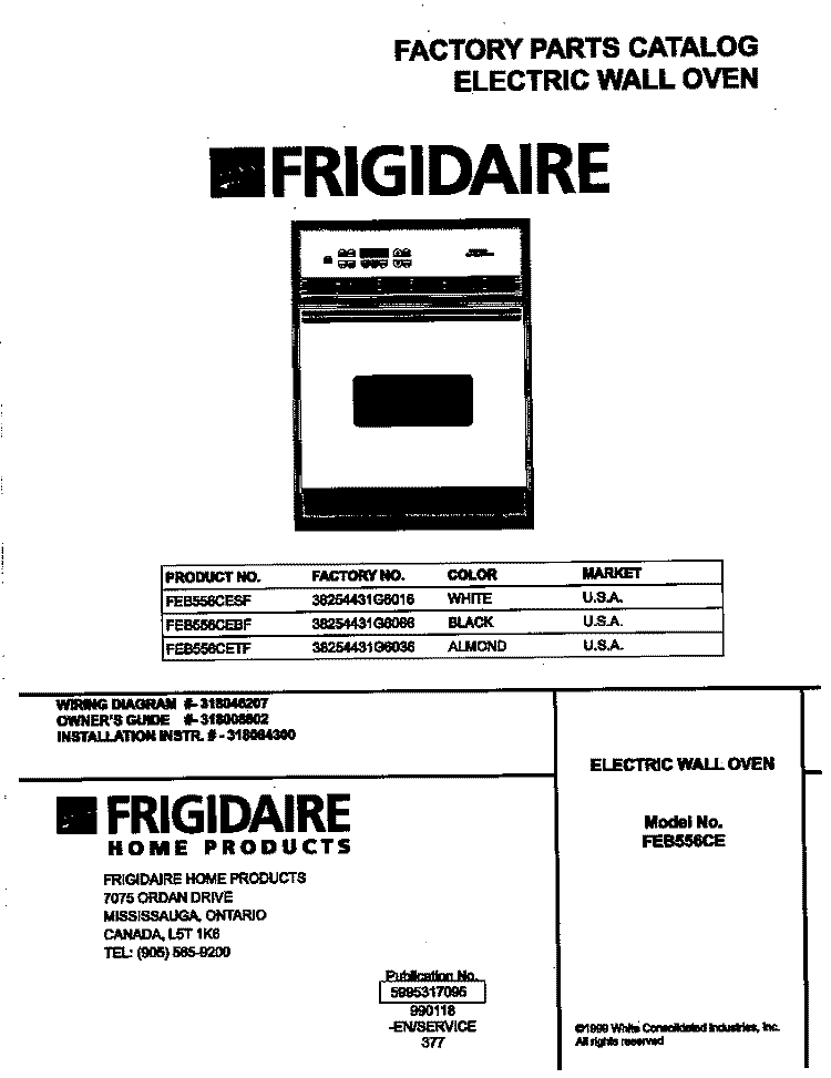 COVER Diagram and Parts List for FEB556CEBF  Frigidaire Wall Oven