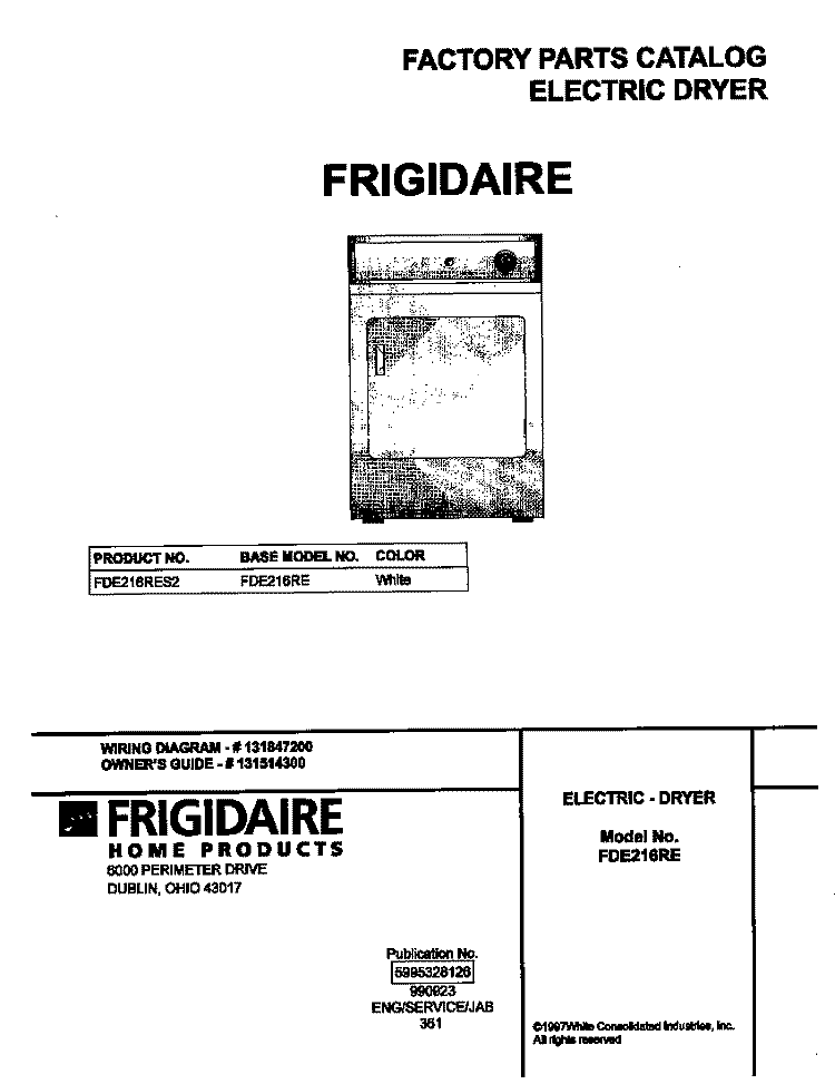 COVER Diagram and Parts List for FDE216RES2  Frigidaire Dryer