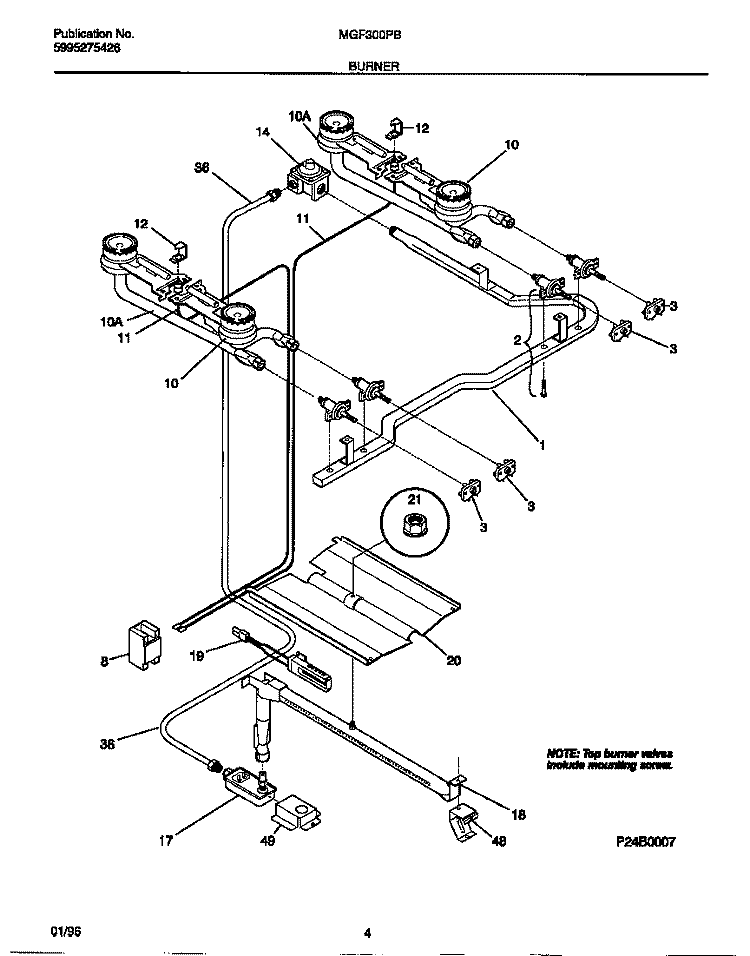BURNER Diagram and Parts List for MGF300PBDD  Frigidaire Range