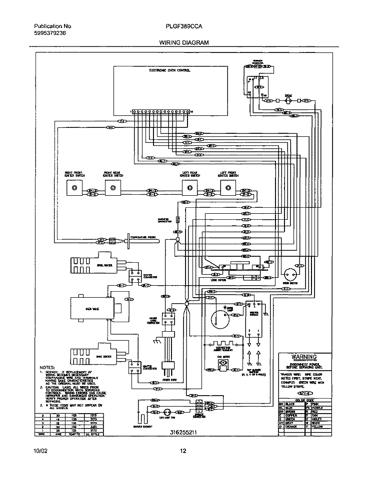 WIRING DIAGRAM Diagram and Parts List for PLGF389CCA  Frigidaire Range