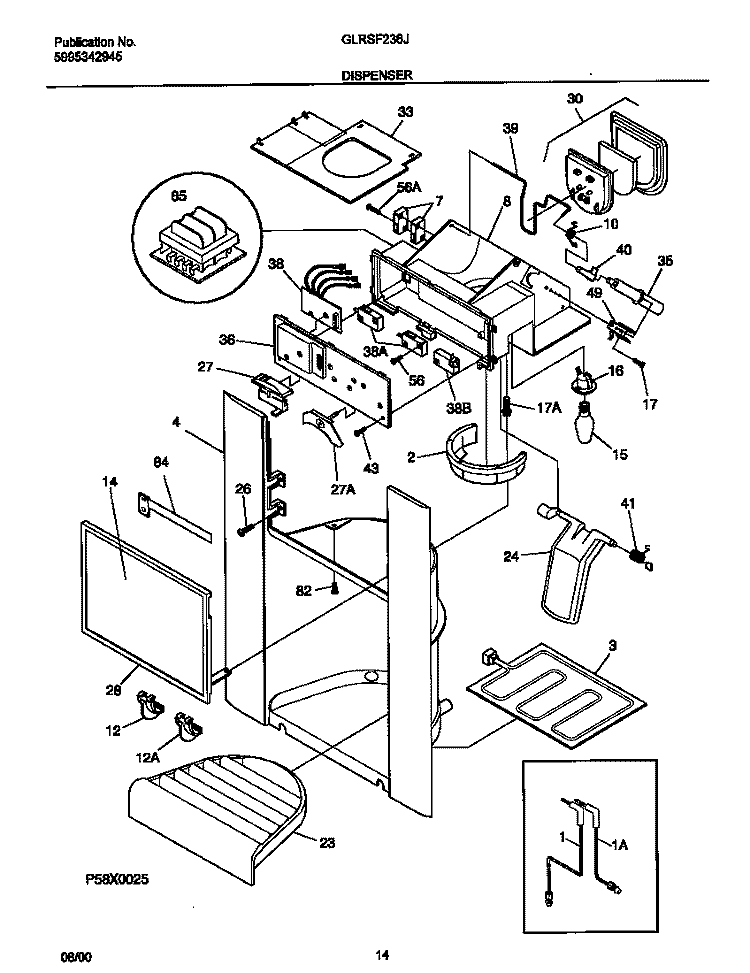 DISPENSER Diagram and Parts List for GLRSF236JB1  Frigidaire Refrigerator