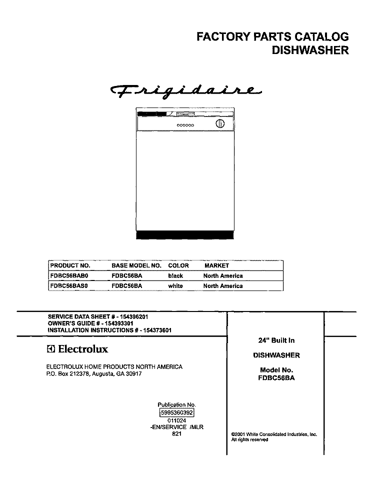 COVER Diagram and Parts List for FDBC56BAS0  Frigidaire Dishwasher