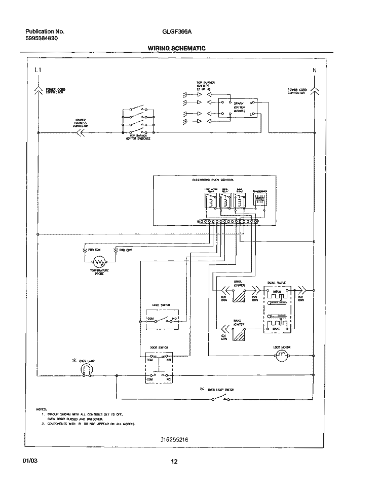 WIRING SCHEMATIC Diagram and Parts List for GLGF366AQD  Frigidaire Range
