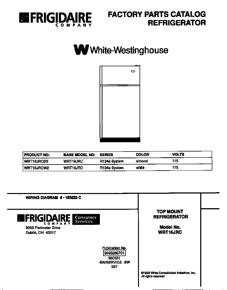 COVER Diagram and Parts List for WRT16JRCD2  Frigidaire Refrigerator