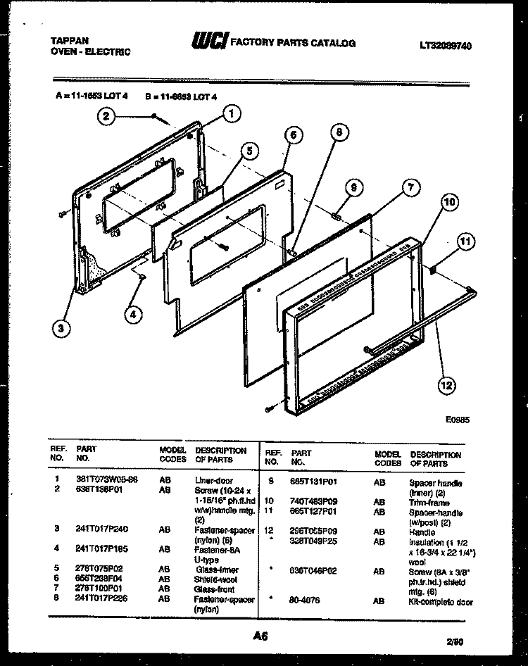 DOOR PARTS Diagram and Parts List for 11-6653-00-04  Tappan Wall Oven